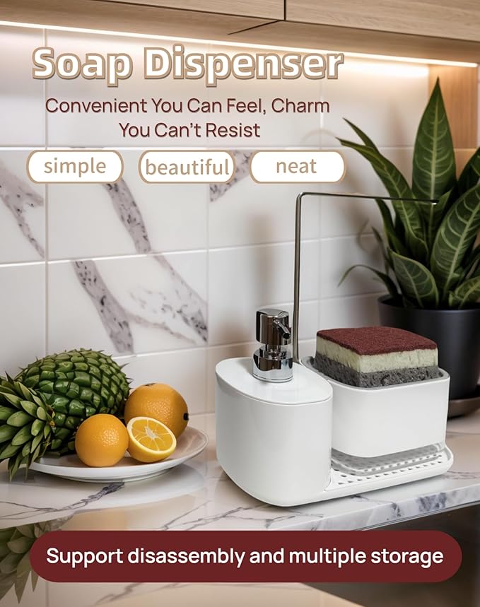 Dish Soap Dispenser & Sponge Holder 3-in-1 with Dual Pump & Drain Tray & Drying Pole - Multifunctional Kitchen Sink/Bathroom Organizer for Sponges and Hand Soap (Black)