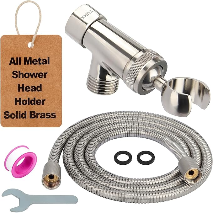 Shower Head Holder All Metal and Extra Long Stainless Steel 6 ft. Hose,Adjustable Shower Arm Bracket for Handheld ,Brass Hand held Showerhead Mount C-Style Brushed Nickel