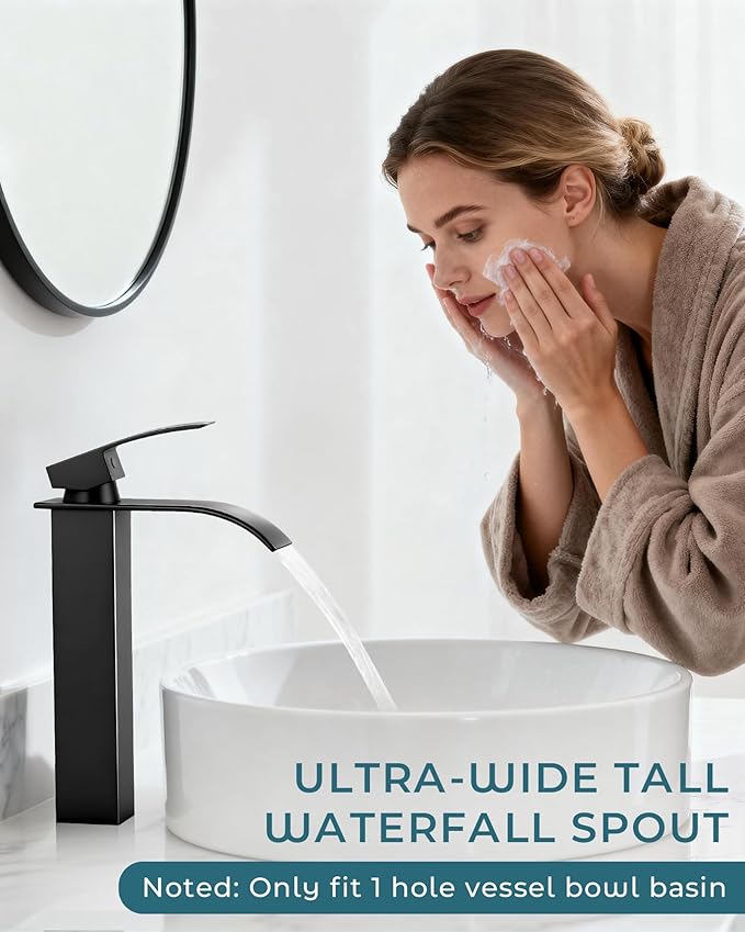 LIFG Matte Black Vessel Sink Faucet, Tall Waterfall Bathroom Faucet, Single Handle One Hole Mixer Bowl Tap with Large Rectangular Spout, Bar Sink Faucet Lavatory Vanity
