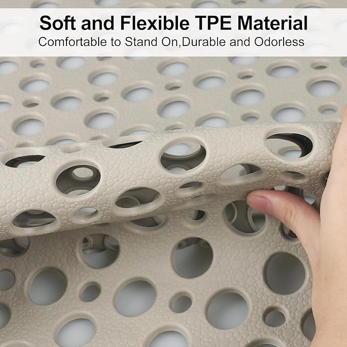 Anti Slip Shower Mat with Suction Cups,23.6x35.4 Inch Quick Drain TPE Non Slip Shower Mats for Inside Shower,Large Bath Mat for Shower Soft on Feet, Easy to Dry&Cut Machine Washable