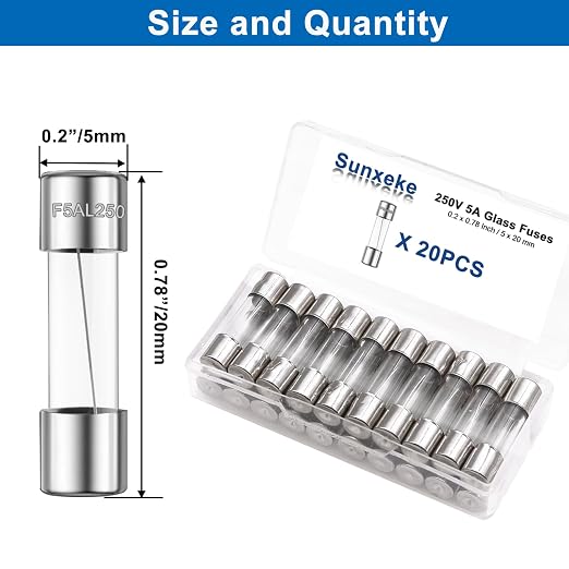 20PCS F5AL250V 5 x 20mm Fast Blow Glass Fuses 5A 5Amp 250V Glass Fuse, 0.2 x - Image 2