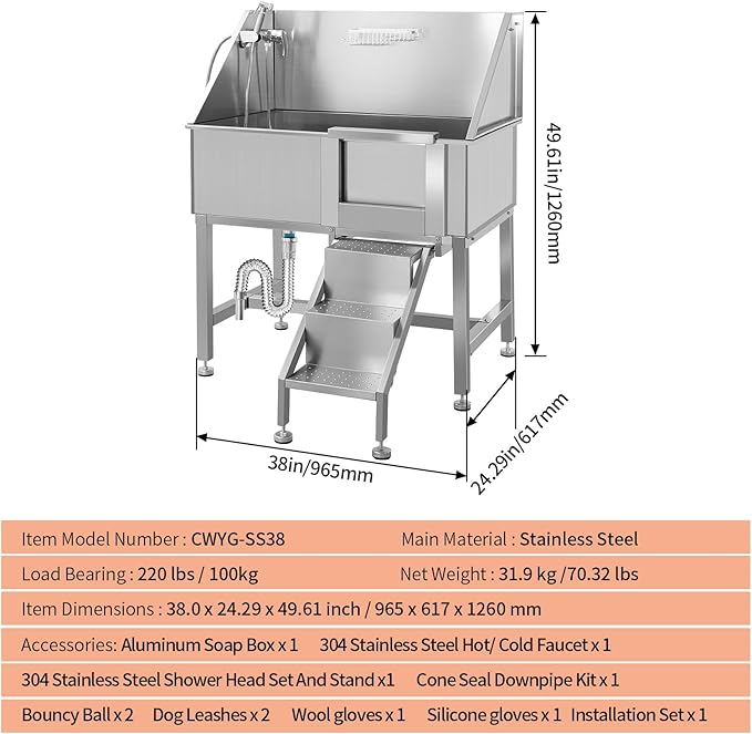38" Dog Washing Station Large Dogs Grooming Tub Professional Stainless Steel Dog Bathtubs Bathing Tub Pet Washing Station for Home with Steps,R-Door