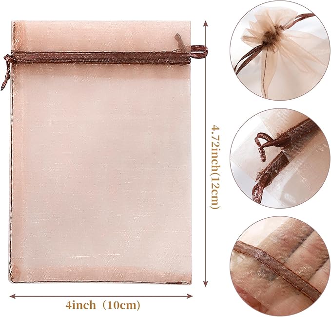 Hopttreely 100pcs Organza Bags, Light Brown 4''x4.72''(10x12cm) Satin Drawstring Organza Pouch Wedding Party Favor Gift Bag Jewelry Watch Bags