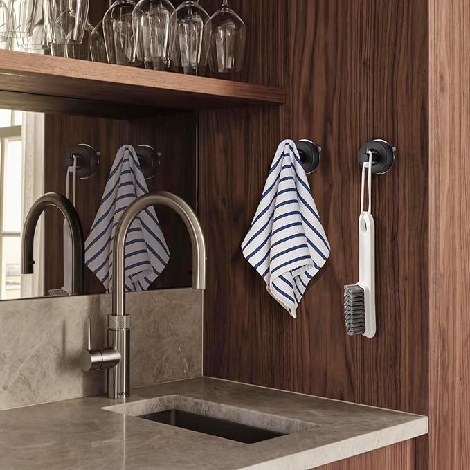 YOHOM Suction Cup Hooks for Shower Wall Bathrooms Towels Hook for Glass Door Heavy Duty (Black, 4 PCS)