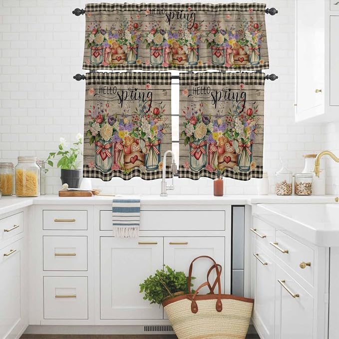 Kitchen Curtains Tiers and Valance Set of 3, Spring Flowers Light Filtering - Image 3