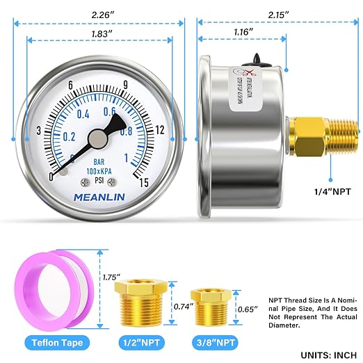 MEANLIN MEASURE 0~15Psi Dry Low Pressure Gauge Stainless Steel 1/4" NPT 2" FACE - Image 2
