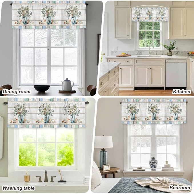 Kitchen Valances for Window, Ocean Starfish Conch Shell Eucalyptus Light - Image 9