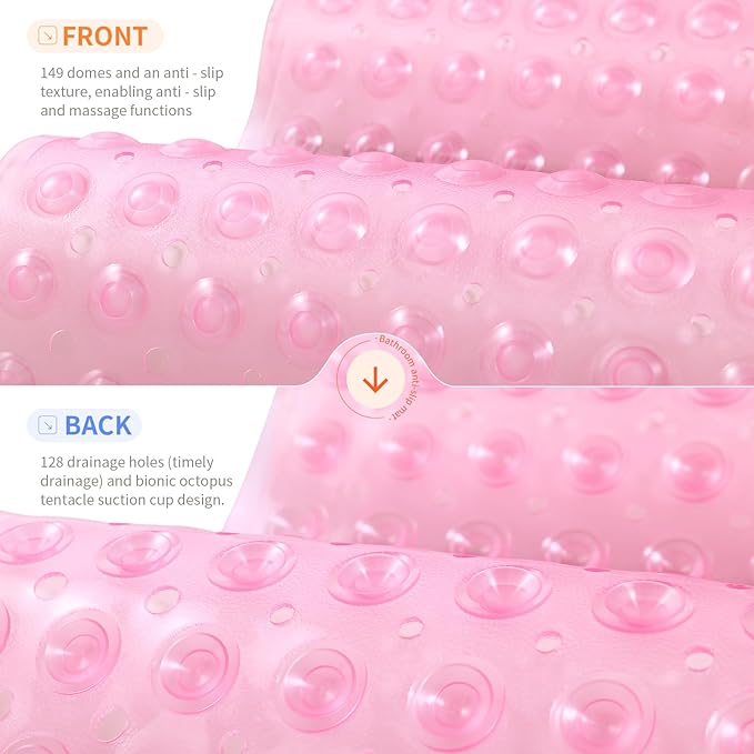 Anti-Slip Bathtub Shower mat, 27.5×14.5（Approximately 70×37cm） inch Soft Oversized Machine Washable Non-Slip Bathtub mat with Drainage Holes, Bathroom Floor Suction Cup.（1-Clear Pink）
