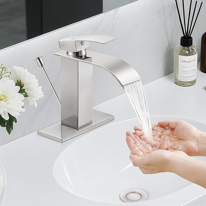 Bathroom Faucets with Lift Rod Drain Brushed Nickel Waterfall Bathroom Sink Faucet Modern Single Handle Bathroom Faucet for 1 or 3 Hole Mxier Tap Washbasin Faucet with Deck