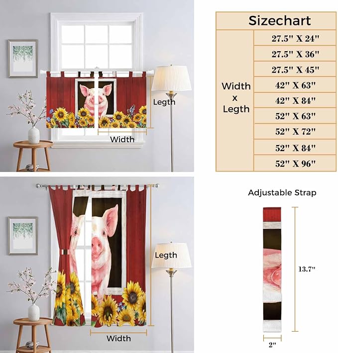Pigs Sunflowers Kitchen Curtains 36 Inch Length, Small Window Curtains Tab Top - Image 8
