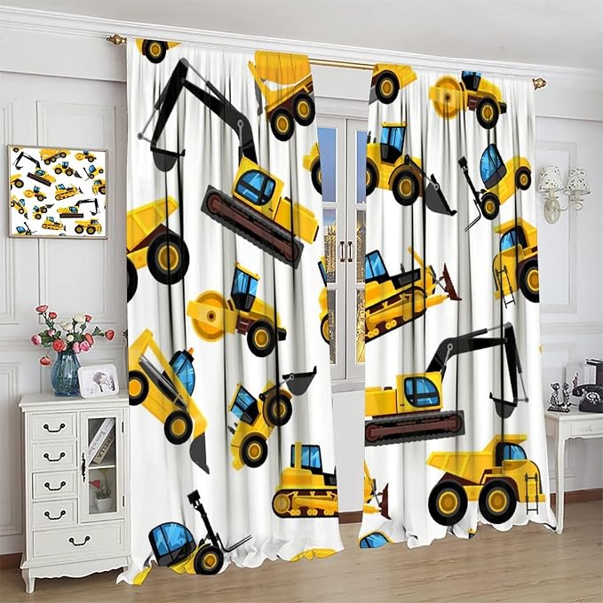 Kids Construction Equipment Window Curtains, Excavator Tractor Tow Truck Rod - Image 3