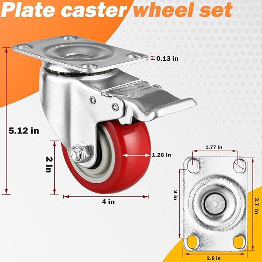 4" Casters Set of 4 Heavy-duty Industrial Caster Wheels, PU Noiseless Wheels - Image 4