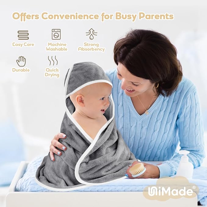 Hooded Towel for Newborn, 2 Pack Soft Coral Fleece Baby Towels, Ultra Absorbent Bath Cloths Bulk for Infants, Toddlers, Newborn Essential- 30 x 30 inch - Grey & Blue