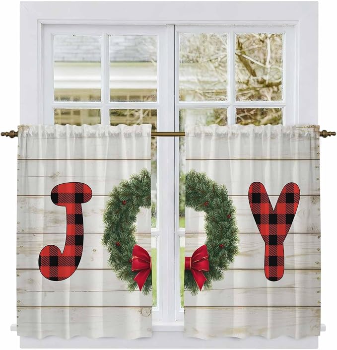 Christmas Wreaths Kitchen Curtains 45 Inch Long 2 Panel Set, Rod Pocket Window - Image 2