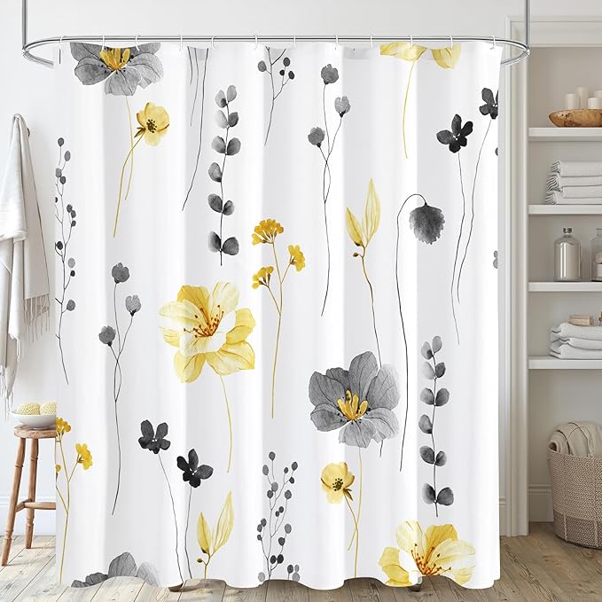 Gibelle Extra Long Shower Curtain 72 x 84, Watercolor Floral Fabric Shower Curtain, Yellow Grey Flower Decorative Bathroom Shower Curtain Set