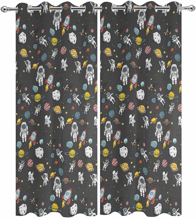 Cartoon Space Outdoor Curtains for Patio Rockets Planets Astronauts Gray - Image 9