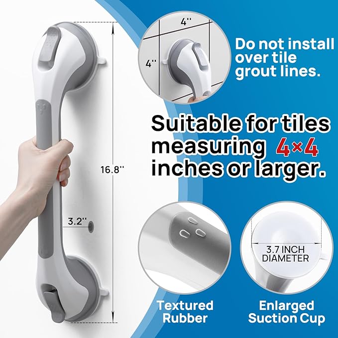 LEVERLOC Grab Bars for Bathtubs and Showers, Shower Handle 17 Inch Strong Suction Bath Handrails, Safety Grip for Bathroom Chair, Bathroom Grab Bar for Senior No Drilling Waterproof,Grey