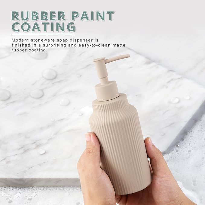 Modern Ceramic Soap Dispenser for Bathroom，14oz Ceramic Soft Touch Hand Lotion Dispenser with Pump，Liquid soap Dispenser for Kitchen Rubber Paint (Khaki)