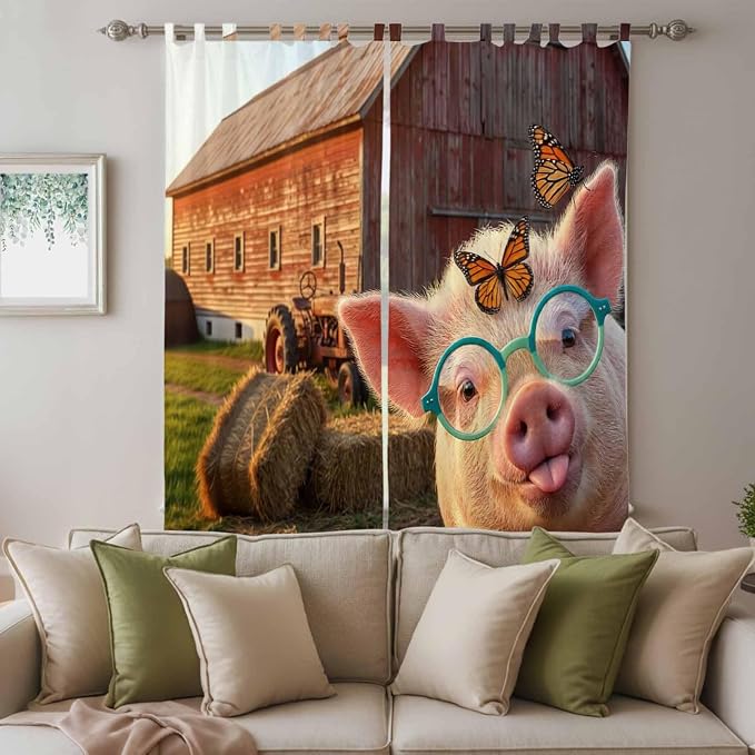 Farm Pig Living Room Curtains 96 Inch Length, Window Curtains Tab Top, - Image 3
