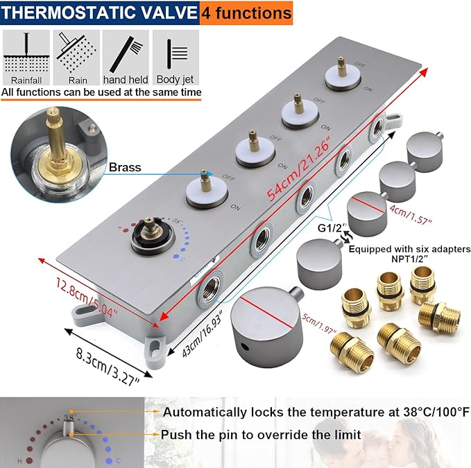 Thermostatic Shower System Dual Shower Heads with 16" Ceiling Mounted Rain Shower Head & 6" Wall Mounted Head 4 Function Shower System with body jets Can All Run Together, Brushed Nickel