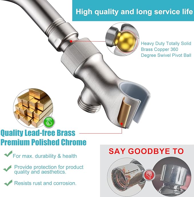 Shower Head Holder All Metal Adjustable Handheld Shower Arm Mount, 1/2" Shower Hose Holder Fits Most Hand Showerheads, Brass Hand Held Shower Head Holder , Easy to Install(Brushed Nickel)