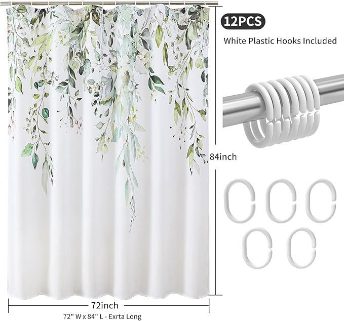 Colorful Star Sage Green Eucalyptus Waterproof Shower Curtain Set with Hooks, Minimalist Watercolor Floral Print Bathroom Décor, Plant Leaves Washable Fabric Shower Curtain, 72 x 84 Inch