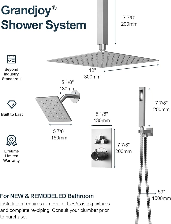 Thermostatic Shower System, Dual Rainfall Shower Heads for Ceilling & Wall Mounted with Handheld Sprayer, Brushed Nickel