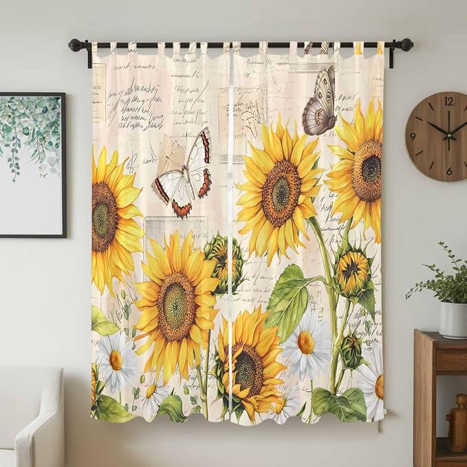 Yellow Sunflowers Living Room Curtains 84 Inch Length, Window Curtains Tab Top - Image 2