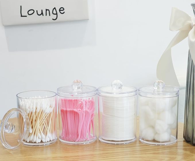 4 Pack Acrylic Qtip Holder Dispenser,Bathroom Canisters Apothecary Jar Set, Bathroom Organizers and Storage,10 oz with 1Gap