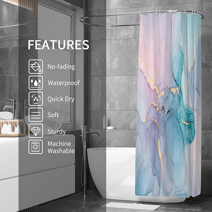 Gibelle Small Stall Shower Curtain 36 x 72, Narrow Half Abstract Marble Shower Curtain, Pink Turquoise Modern Ink Art Waterproof Fabric Shower Curtain Set with Hooks