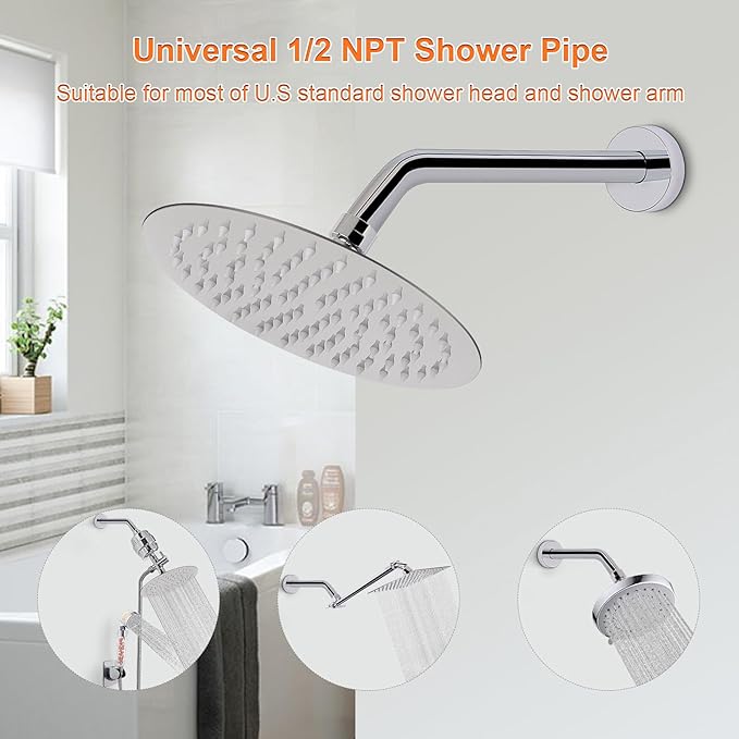 HarJue Shower Arm with Flange and Teflon Tape, Wall Mounted Shower Pipe 304 Stainless Steel Extension Arm for Fixed Shower Head & Handheld (12 Inches, Chrome)