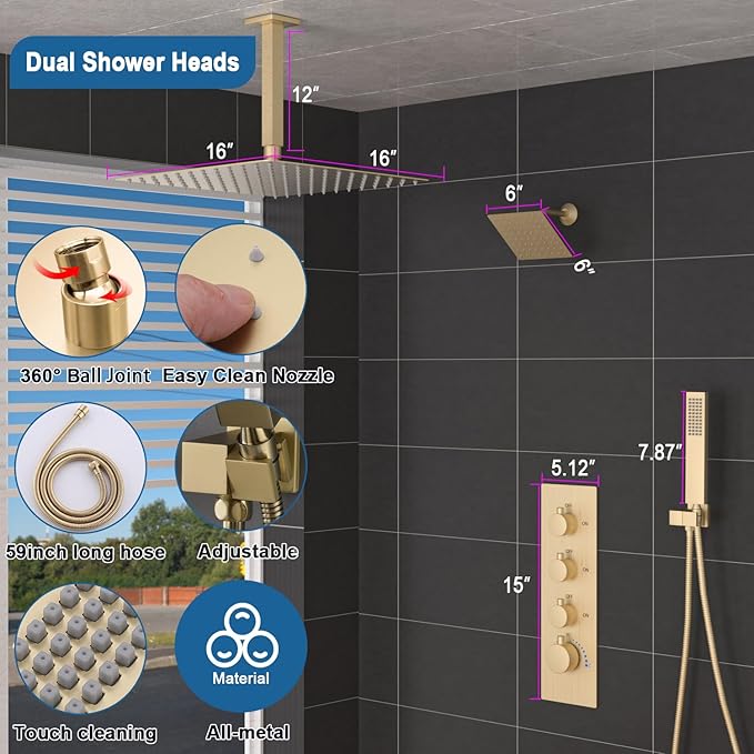 Enga Thermostatic Dual Head Shower System, Shower Faucet Set with 16"+6" Rain Shower Heads & Handheld, All Functions Use Simultaneously, Adjustable Volume, Brushed Gold