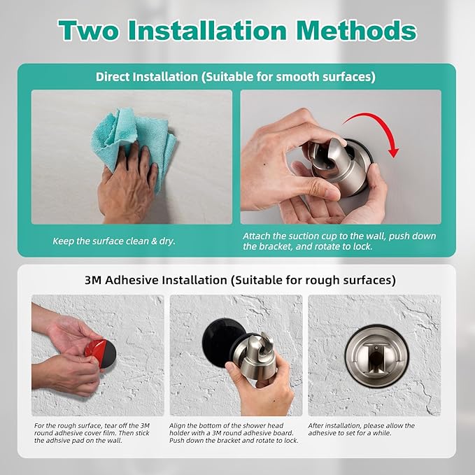 2 Pack Vacuum Suction Cup Shower Head Holder, Removable Shower Head Bracket, Height Adjustable Wall Mount ABS Plastic Suction Holder for Handheld Showerhead, Brushed Nickel