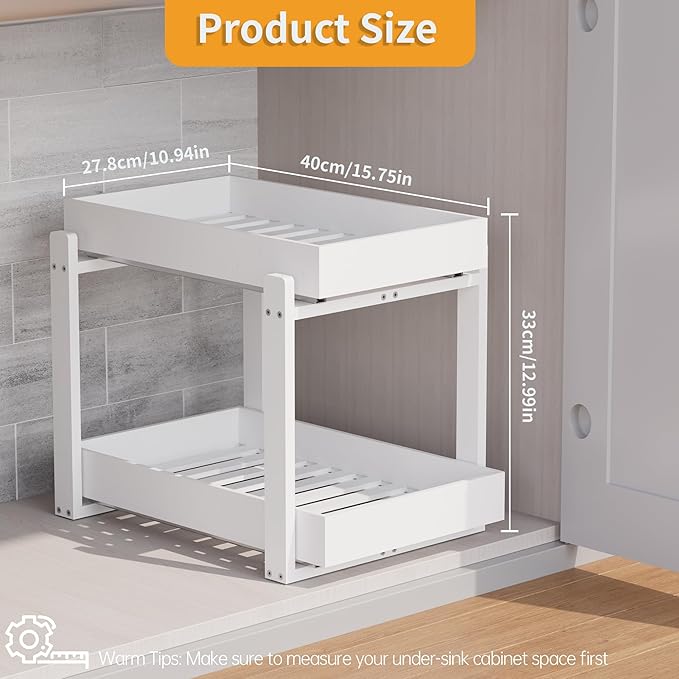 Bamboo Wood Under Sink Organizer 1 Pack, Pull Out Cabinet Organizer 2 Tier Under Sink Organizers and Storage with Sliding Drawer Sturdy Easy Assembly for Kitchen Bathroom Undersink (White, 1 Pack)