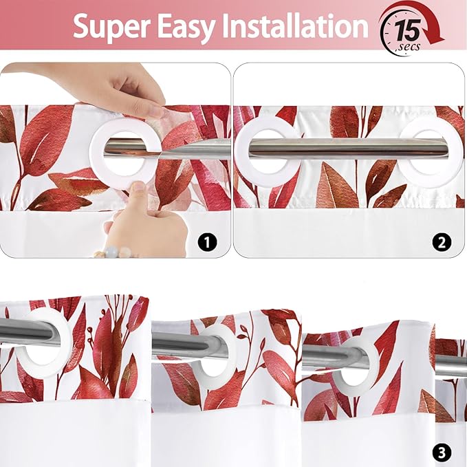 No Hook Shower Curtain and Liner Set, Red Eucalyptus Floral Shower Curtains for Bathroom, Bath Curtain Sets with Snap in Liner, Waterproof with See Through Top Window, 71x77 Inches
