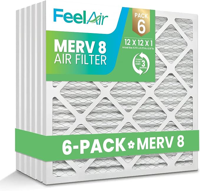 12x12x1 Air Filter, MERV 8, 6 Pack – Premium Pleated HVAC & Furnace Filter by Feelair