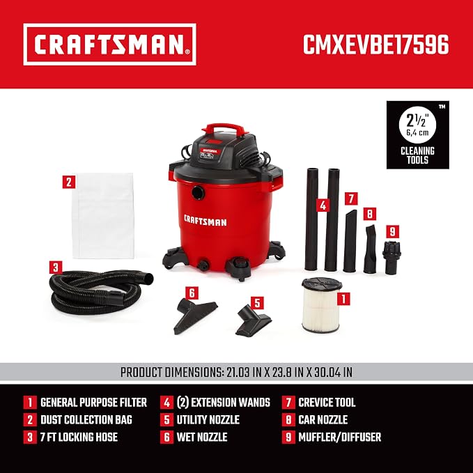 CRAFTSMAN CMXEVBE17596 20 Gallon 6.5 Peak HP Wet Dry Vac, Heavy-Duty Shop - Image 3