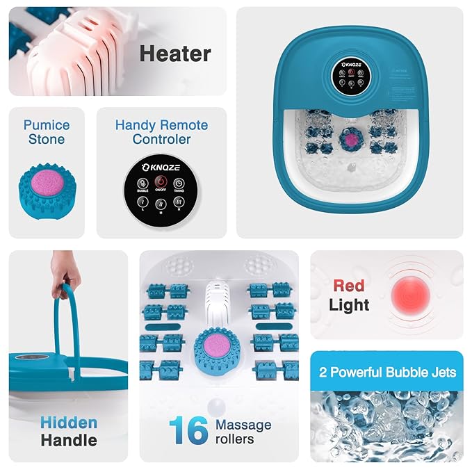 KNQZE Collapsible Foot Spa with Heat, Remote Control, Temperature Control, Bubbles, Pumice Stone, Red Light, Timer, 16 Massage Roller Pedicure Foot Bath Tub Foot Soaker for Relaxation & Stress Relief