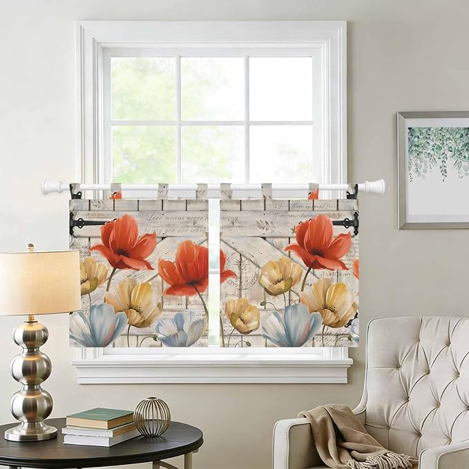 Retro Floral Kitchen Curtains 36 Inch Length, Small Window Curtains Tab Top - Image 2
