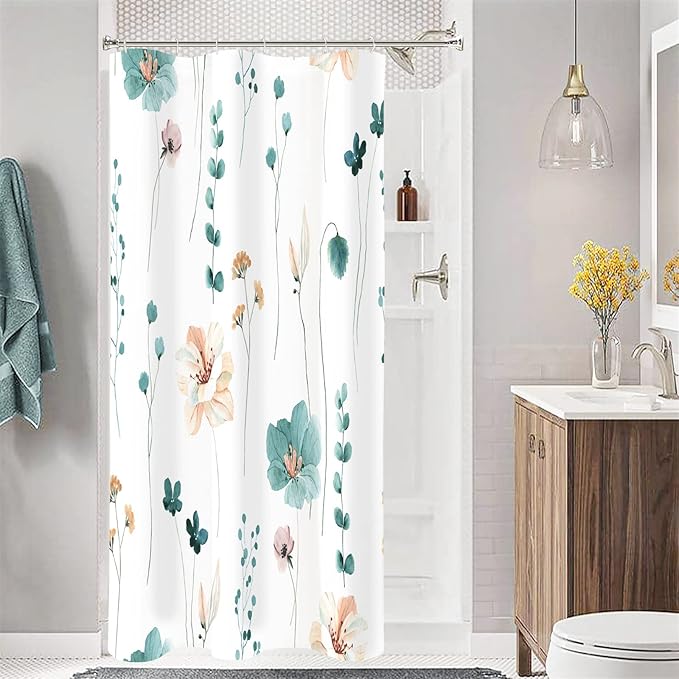 Gibelle Small Stall Shower Curtain 36 x 72, Narrow Half Watercolor Floral Fabric Shower Curtain, Teal Beige Flower Decorative Bathroom Shower Curtain Set