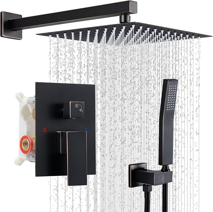 Shower Faucet Set, Wall Mount 10 Inch Square Rainfall Shower Head and Handle Set Single Handle Shower System Set with Female Threads Valve Body and Trim Included (Oil Rubbed Bronze)