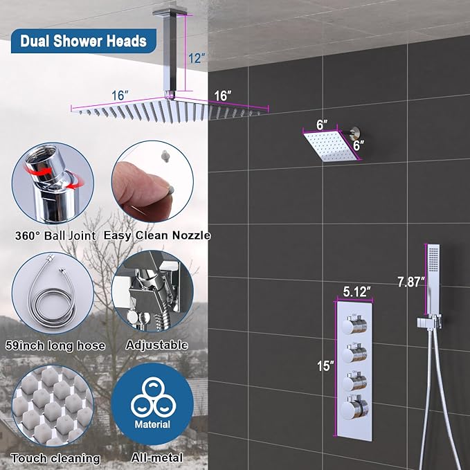 Enga Thermostatic Dual Shower Head System, 16"+6" Rain Shower Heads & Handheld Shower Faucet Set, Can All Run Together & Volume Adjustable, Chrome
