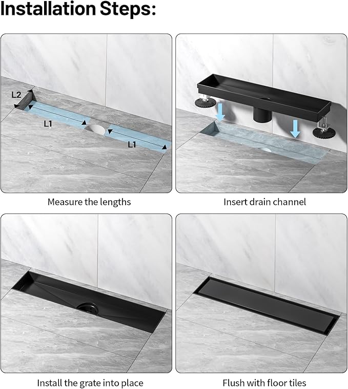 Linear Shower Drain, 304 Stainless Steel with Adjustable Leveling Feet, Hair Strainer,Reversely Install Place to Create an Invisible Floor Drain - Black -32-Inch