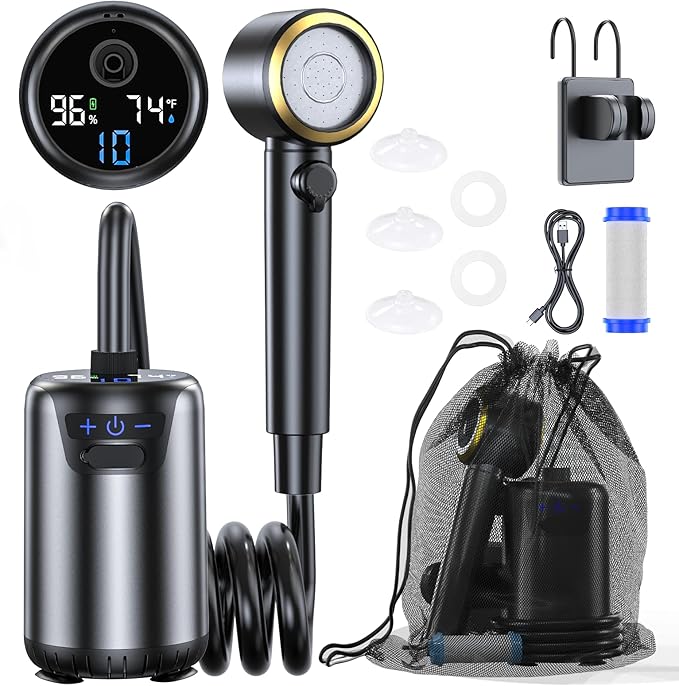 Portable Shower for Camping,8000mAh Rechargeable Camping Shower with 10 Spray Modes,Fahrenheit Display, IPX8 Waterproof Outdoor Camp Pump for Hiking, Travel, Car, Pet, Plants,Surf & Boat Cleaning