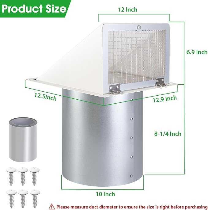 10 Inch Hooded Wall Vent with Screen and Damper, Galvanized Steel Exterior Wall - Image 2