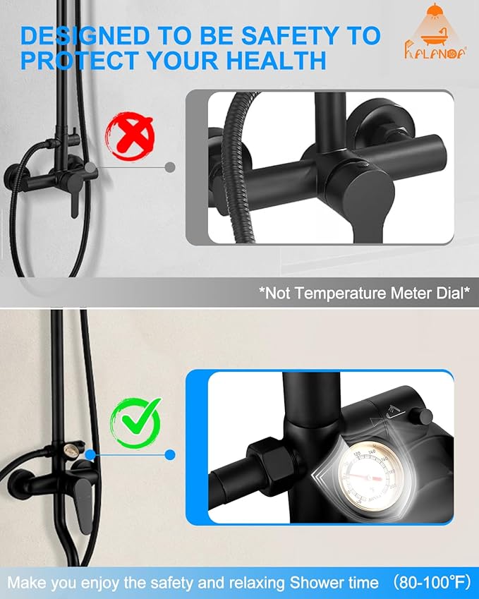 Outside Shower Kit,3 Functions Handle Tub Rainfall Shower Faucet Sets with Dial Thermometer Brass Valve, Black Exposed Shower Pipe System with 10'' Rainfall Shower Head Adjustable