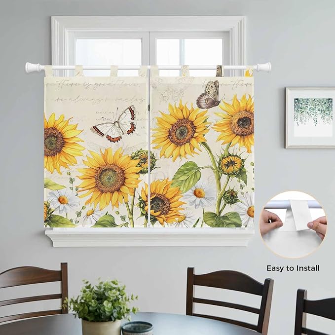 Farm Sunflowers Kitchen Curtains 45 Inch Length, Short Cafe Window Curtains Tab - Image 4