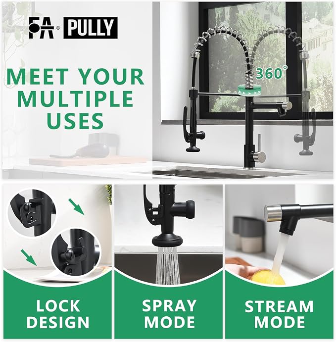 Pull Down Kitchen Faucet with Sprayer, Fapully Commercial Matte Black&Brushed - Image 4
