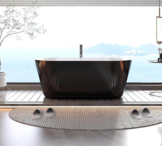 67" Deep Soaking Bathtub, Non-Slip Acrylic Tub with Chrome Drain, CUPC Certified, Ergonomic Modern Bath for Bathrooms, Easy-Install, Black Symmetrical