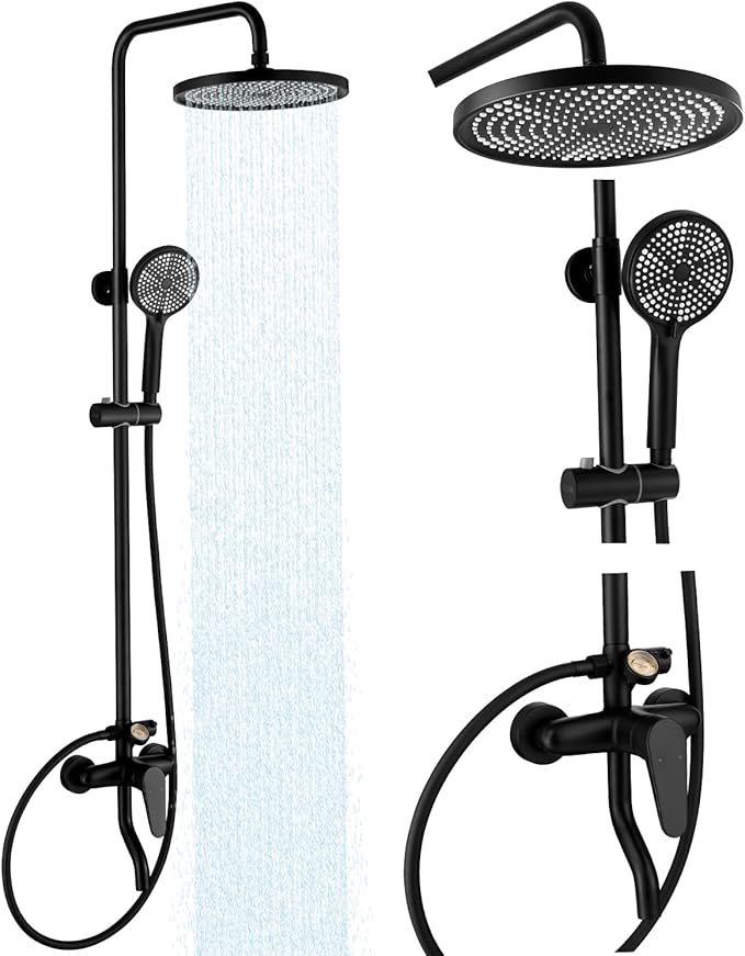 Outdoor Shower Kit, Exposed Shower System with Dial Thermometer Brass Valve, 10'' Rainfall Shower Head and Handheld Shower Faucet Combo for Bath Backyard - Black Wall Mounted